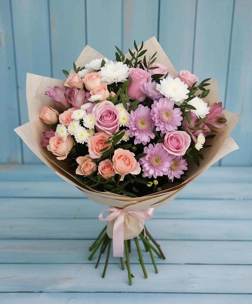 Букет цветов из: Хризантемы, Розы и Альстромерии в Стрелке