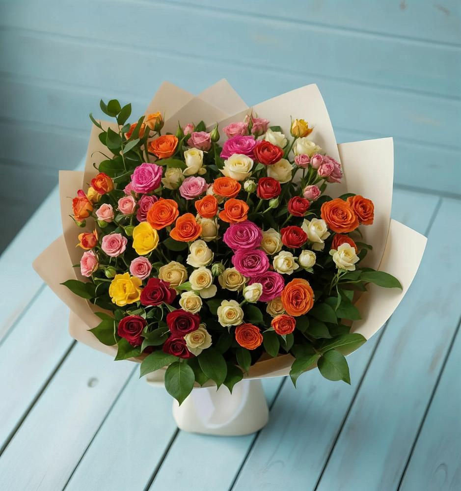 Букет Микс из разноцветных кустовых роз в Стрелке